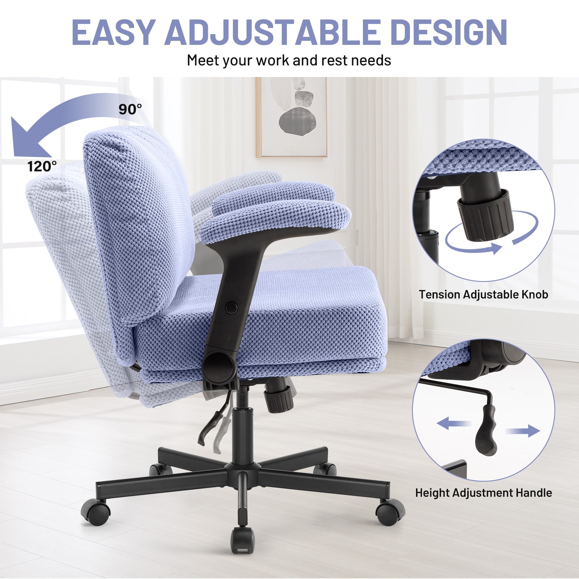 Criss Cross Chair With Wheels And Flip Arms- Comfy Fabric Cross Legged Office Chair With Thick Cushion&Wide Seat, Adjustable Swivel Desk Chair For Home Office, Apartment, Bedroom_voghion.com